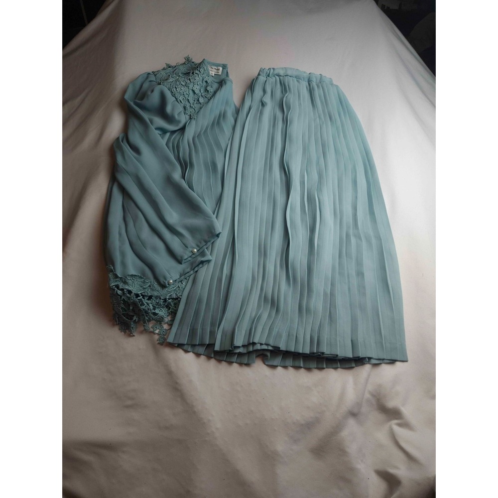 In The Mood Pleated Skirt Set Women Size 12 Green Woven Co-Ord Outfit Vintage